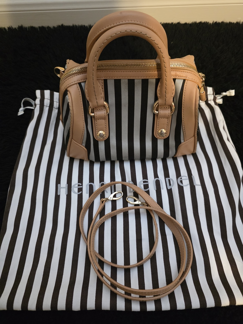 Henri Bendel Tan and Black Striped Mini Satchel